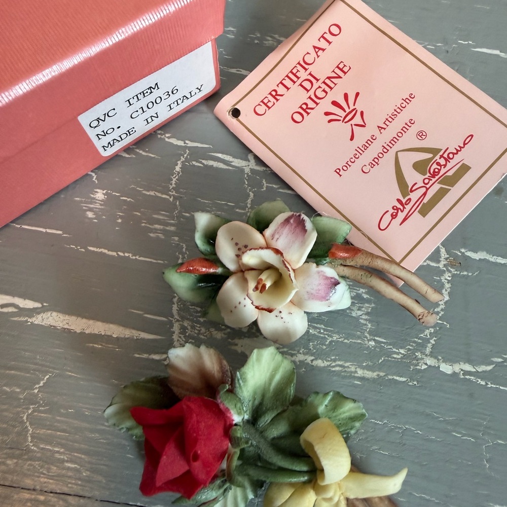 Carlos Savastano Porcelain Floral Pin Duo - Pink, Cream & Green Accents - Picture 8 of 9
